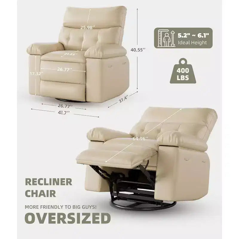 Fauteuil inclinable, pivotant et basculant extra-large, en cuir PU, manuel, avec assise large pour adultes, pour chambre d'enfant ou salon