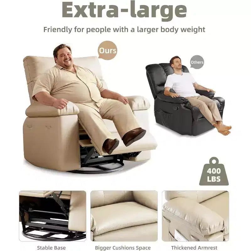 Fauteuil inclinable, pivotant et basculant extra-large, en cuir PU, manuel, avec assise large pour adultes, pour chambre d'enfant ou salon