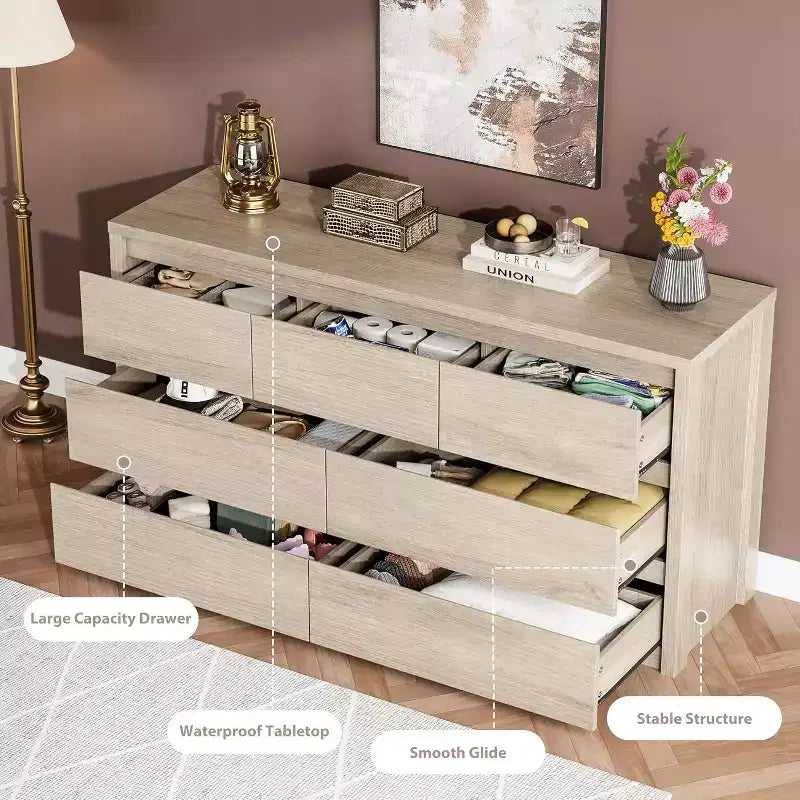 Commode à 7 tiroirs pour chambre à coucher, Grande commode moderne, Grande commode en bois de rangement pour salon, couloir, entrée