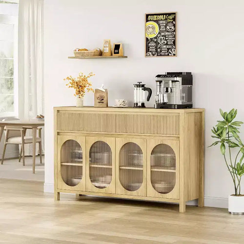 Acekool 55 Inch Buffet Sideboard Cabinet with Glass Doors and Fluted Drawers, Storage Cabinet Table for Dining Room, Kitchen, Living Room, Natural