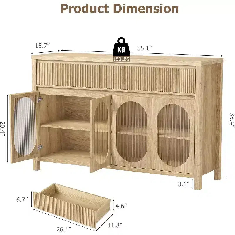 Bahut Acekool de 55 pouces avec portes en verre et tiroirs cannelés, meuble de rangement pour salle à manger, cuisine, salon, naturel