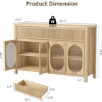 Bahut Acekool de 55 pouces avec portes en verre et tiroirs cannelés, meuble de rangement pour salle à manger, cuisine, salon, naturel