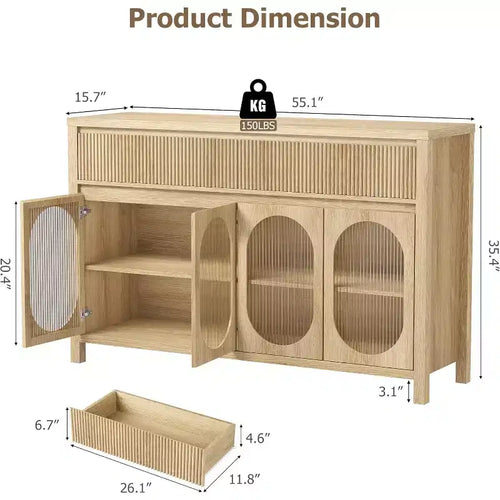 Bahut Acekool de 55 pouces avec portes en verre et tiroirs cannelés, meuble de rangement pour salle à manger, cuisine, salon, naturel