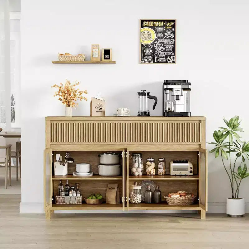 Bahut Acekool de 55 pouces avec portes en verre et tiroirs cannelés, meuble de rangement pour salle à manger, cuisine, salon, naturel