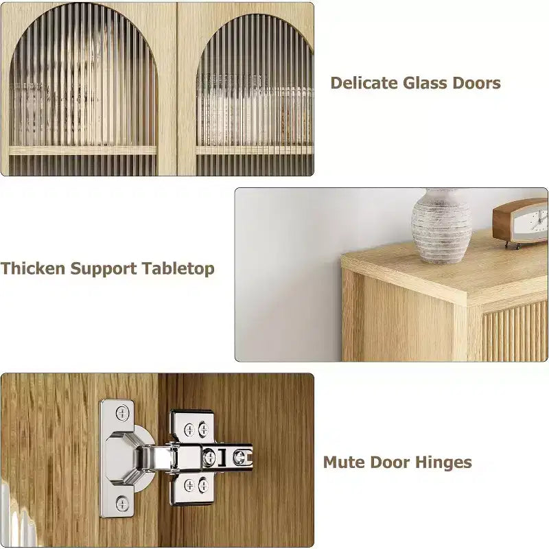 Bahut Acekool de 55 pouces avec portes en verre et tiroirs cannelés, meuble de rangement pour salle à manger, cuisine, salon, naturel
