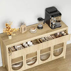 Bahut Acekool de 55 pouces avec portes en verre et tiroirs cannelés, meuble de rangement pour salle à manger, cuisine, salon, naturel