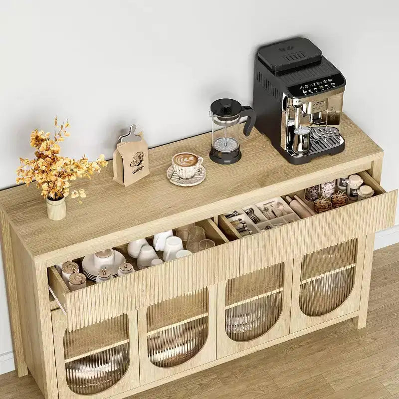 Bahut Acekool de 55 pouces avec portes en verre et tiroirs cannelés, meuble de rangement pour salle à manger, cuisine, salon, naturel