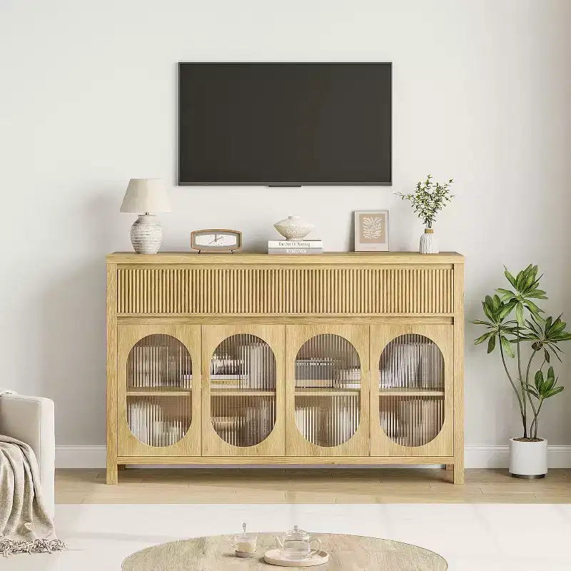 Bahut Acekool de 55 pouces avec portes en verre et tiroirs cannelés, meuble de rangement pour salle à manger, cuisine, salon, naturel