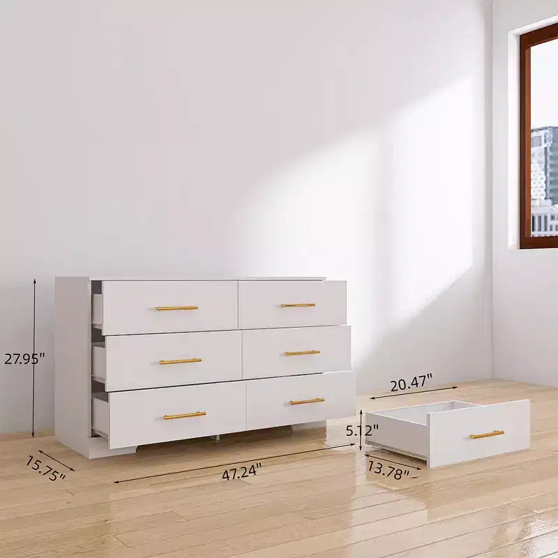 Grande commode, table à tiroirs avec 6 tiroirs et poignées dorées pour salon ou chambre à coucher, blanc