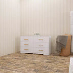 Grande commode, table à tiroirs avec 6 tiroirs et poignées dorées pour salon ou chambre à coucher, blanc