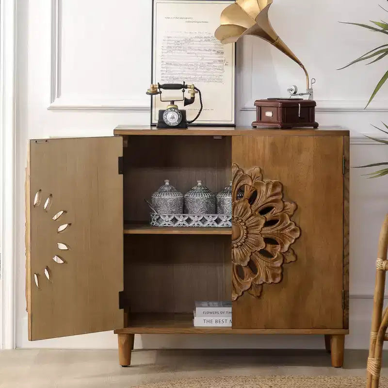 GDFStudio Firae Meuble de rangement bohémien 2 portes en bois sculpté à la main de 79 cm