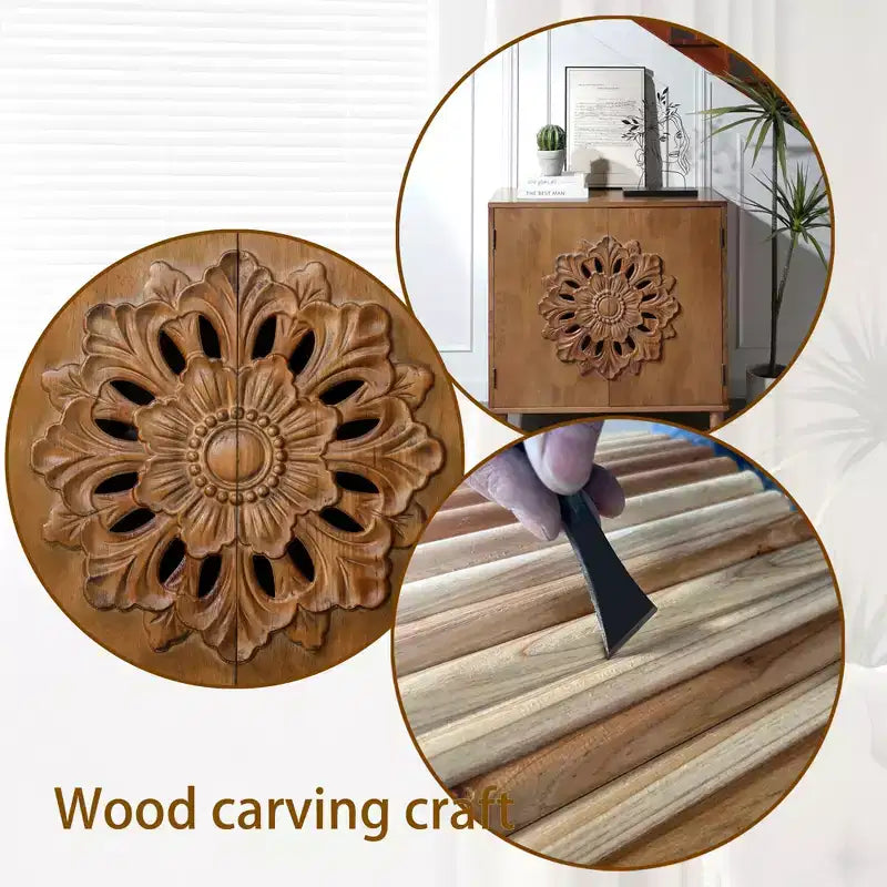 GDFStudio Firae Meuble de rangement bohémien 2 portes en bois sculpté à la main de 79 cm