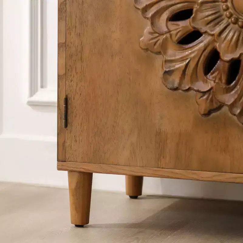 GDFStudio Firae Meuble de rangement bohémien 2 portes en bois sculpté à la main de 79 cm