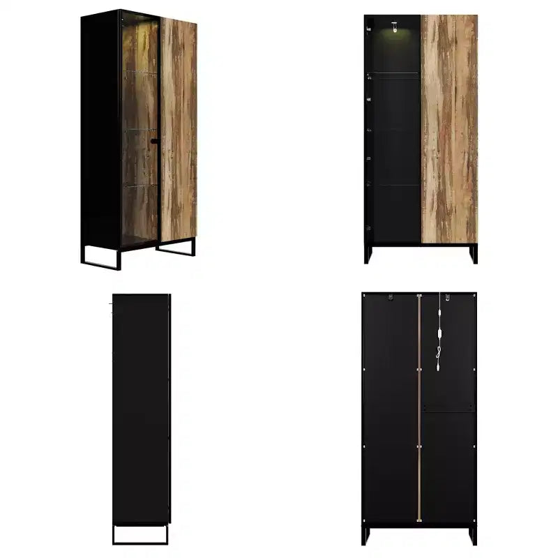Hitow Vitrine Éclairée par LED, Étagère à Livres, Porte en Verre et Bois, Rangement Élégant pour Décoration et Livres, Armoire Autonome