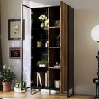 Hitow Vitrine Éclairée par LED, Étagère à Livres, Porte en Verre et Bois, Rangement Élégant pour Décoration et Livres, Armoire Autonome
