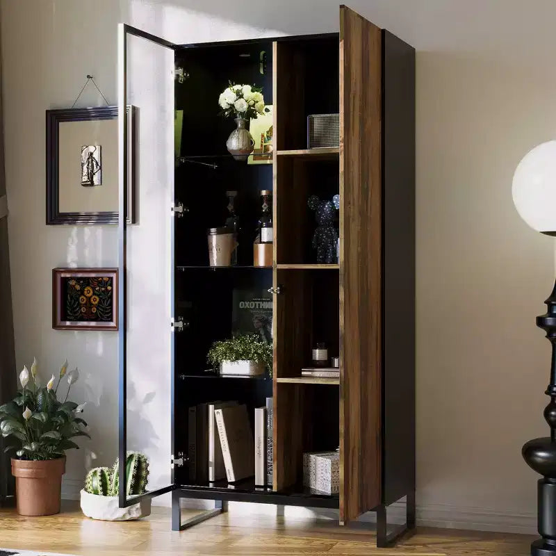 Hitow Vitrine Éclairée par LED, Étagère à Livres, Porte en Verre et Bois, Rangement Élégant pour Décoration et Livres, Armoire Autonome