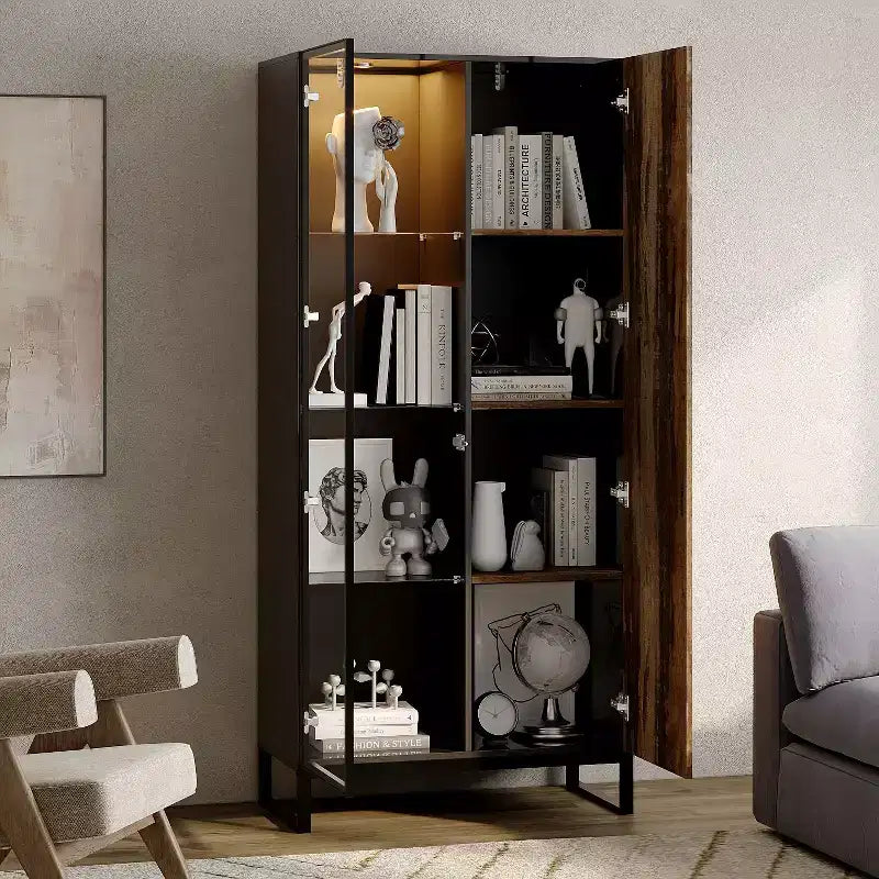Hitow Vitrine Éclairée par LED, Étagère à Livres, Porte en Verre et Bois, Rangement Élégant pour Décoration et Livres, Armoire Autonome
