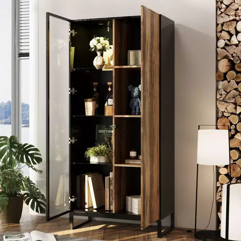 Hitow Vitrine Éclairée par LED, Étagère à Livres, Porte en Verre et Bois, Rangement Élégant pour Décoration et Livres, Armoire Autonome
