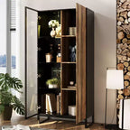 Hitow Vitrine Éclairée par LED, Étagère à Livres, Porte en Verre et Bois, Rangement Élégant pour Décoration et Livres, Armoire Autonome