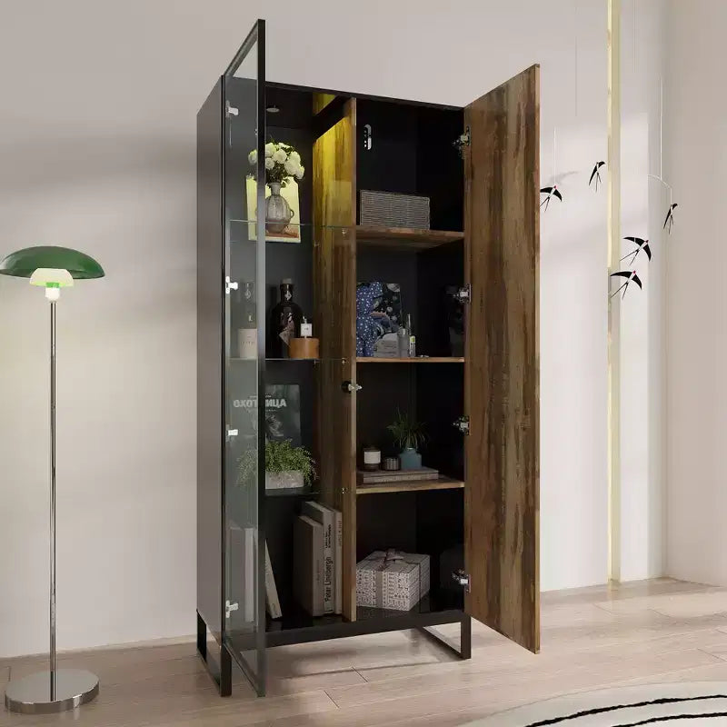 Hitow Vitrine Éclairée par LED, Étagère à Livres, Porte en Verre et Bois, Rangement Élégant pour Décoration et Livres, Armoire Autonome