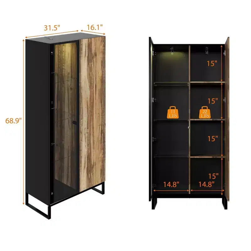 Hitow Vitrine Éclairée par LED, Étagère à Livres, Porte en Verre et Bois, Rangement Élégant pour Décoration et Livres, Armoire Autonome