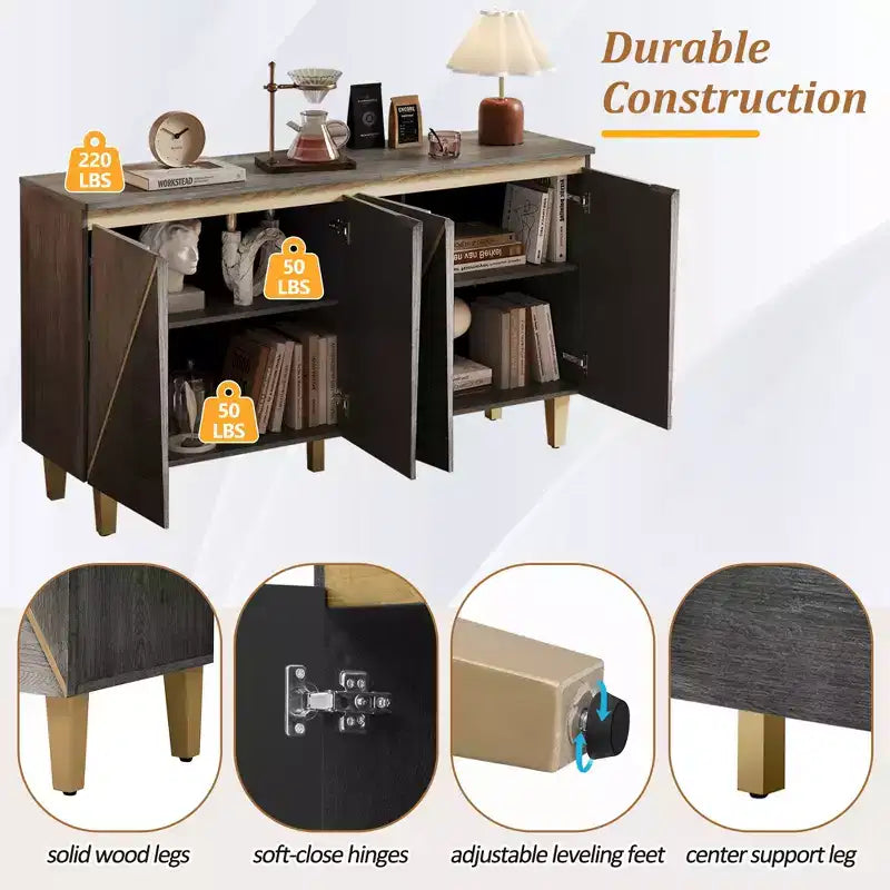 60 Buffet de cuisine avec rangement, buffet vintage 4 portes avec étagères réglables, meuble de bar à café