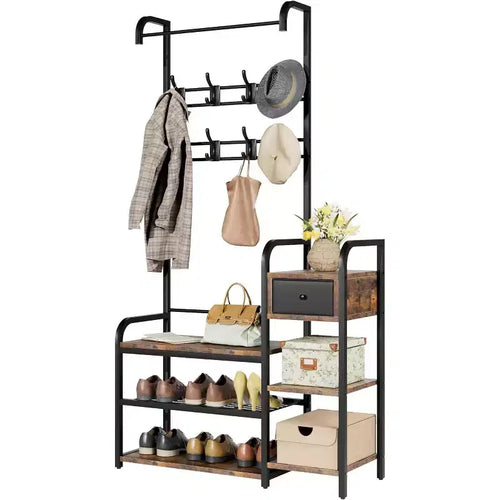 5-in-1 Hall Tree with Shoe Bench & Drawer, Entryway Coat Rack with 8 Hooks, Storage Bench & Adjustable Feet (Retro Brown)