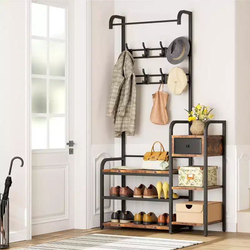 Meuble d'entrée 5-en-1 avec banc à chaussures et tiroir, portemanteau avec 8 crochets, banc de rangement et pieds réglables (marron rétro)