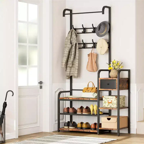Meuble d'entrée 5-en-1 avec banc à chaussures et tiroir, portemanteau avec 8 crochets, banc de rangement et pieds réglables (marron rétro)