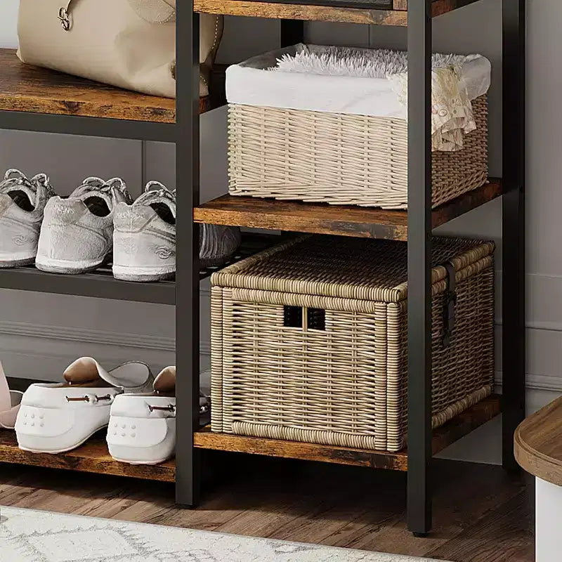 Meuble d'entrée 5-en-1 avec banc à chaussures et tiroir, portemanteau avec 8 crochets, banc de rangement et pieds réglables (marron rétro)