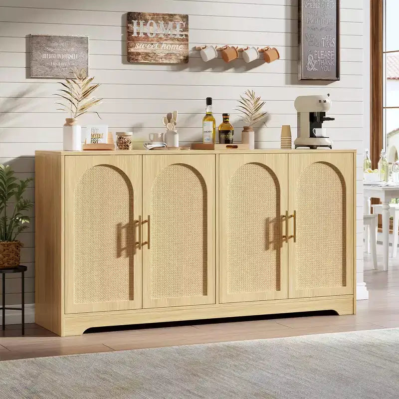 Meuble de rangement buffet de 150 cm - Grande crédence avec 4 portes en rotin, console moderne, meuble de bar à café pour salon, cuisine