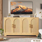 Meuble de rangement buffet de 150 cm - Grande crédence avec 4 portes en rotin, console moderne, meuble de bar à café pour salon, cuisine