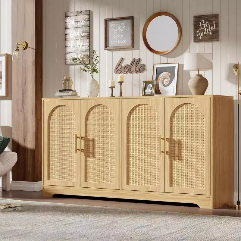 Meuble de rangement buffet de 150 cm - Grande crédence avec 4 portes en rotin, console moderne, meuble de bar à café pour salon, cuisine