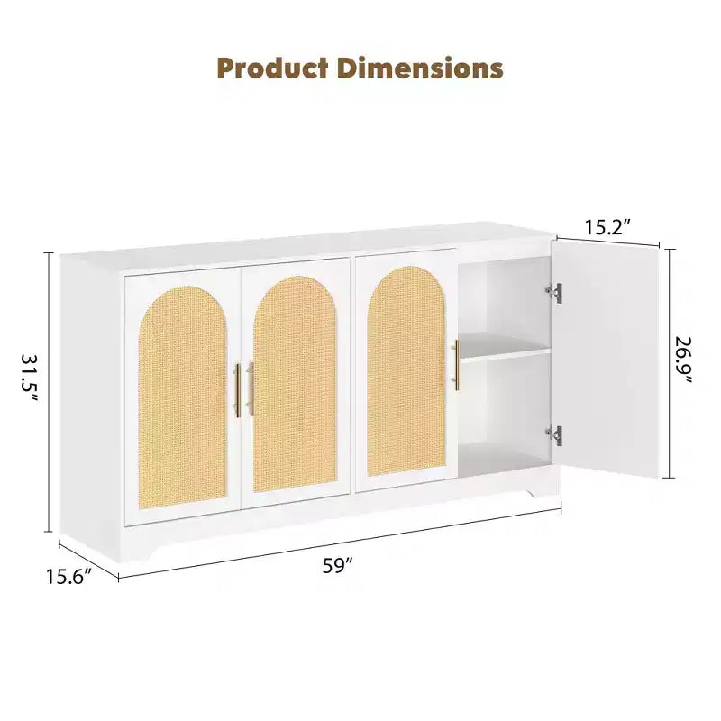 Meuble de rangement buffet de 150 cm - Grande crédence avec 4 portes en rotin, console moderne, meuble de bar à café pour salon, cuisine