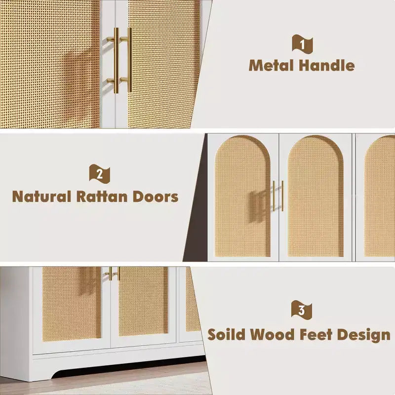 Meuble de rangement buffet de 150 cm - Grande crédence avec 4 portes en rotin, console moderne, meuble de bar à café pour salon, cuisine