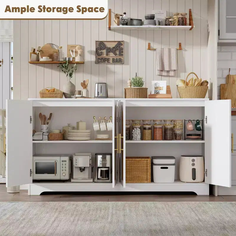 Meuble de rangement buffet de 150 cm - Grande crédence avec 4 portes en rotin, console moderne, meuble de bar à café pour salon, cuisine
