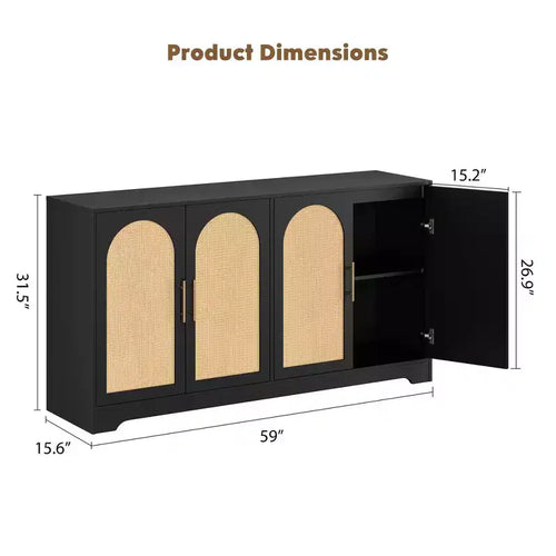 Meuble de rangement buffet de 150 cm - Grande crédence avec 4 portes en rotin, console moderne, meuble de bar à café pour salon, cuisine