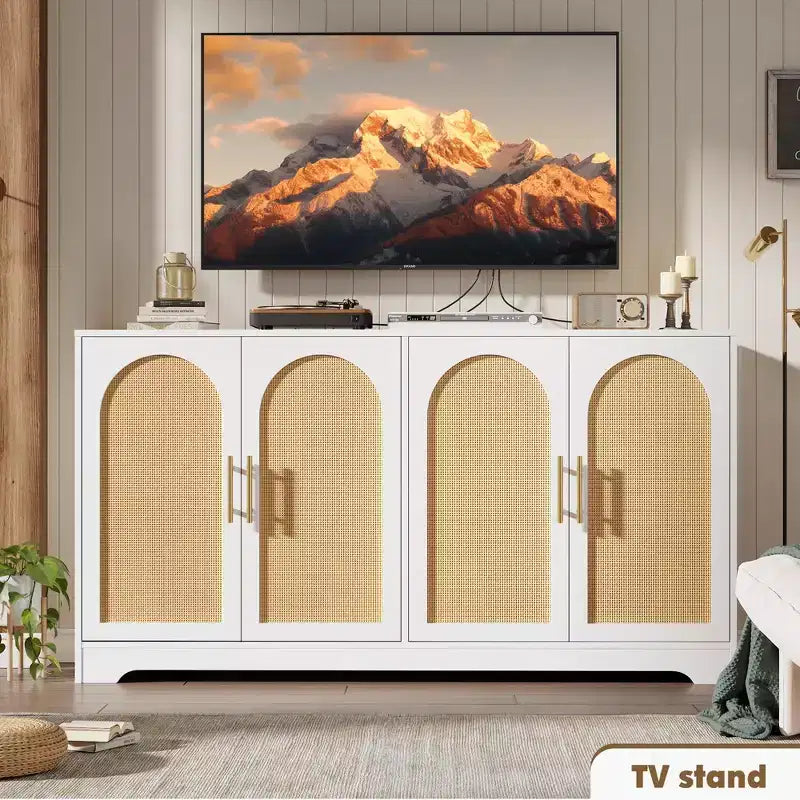 Meuble de rangement buffet de 150 cm - Grande crédence avec 4 portes en rotin, console moderne, meuble de bar à café pour salon, cuisine