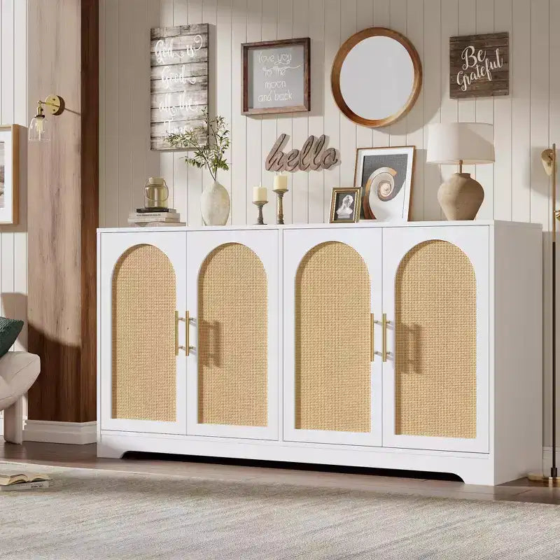 Meuble de rangement buffet de 150 cm - Grande crédence avec 4 portes en rotin, console moderne, meuble de bar à café pour salon, cuisine
