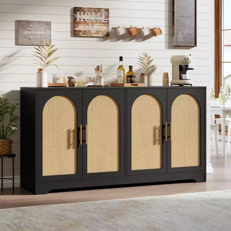 Meuble de rangement buffet de 150 cm - Grande crédence avec 4 portes en rotin, console moderne, meuble de bar à café pour salon, cuisine