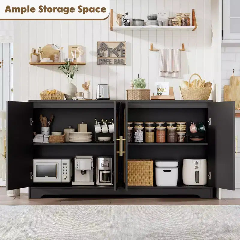 Meuble de rangement buffet de 150 cm - Grande crédence avec 4 portes en rotin, console moderne, meuble de bar à café pour salon, cuisine