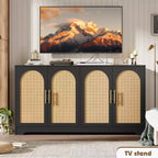 Meuble de rangement buffet de 150 cm - Grande crédence avec 4 portes en rotin, console moderne, meuble de bar à café pour salon, cuisine