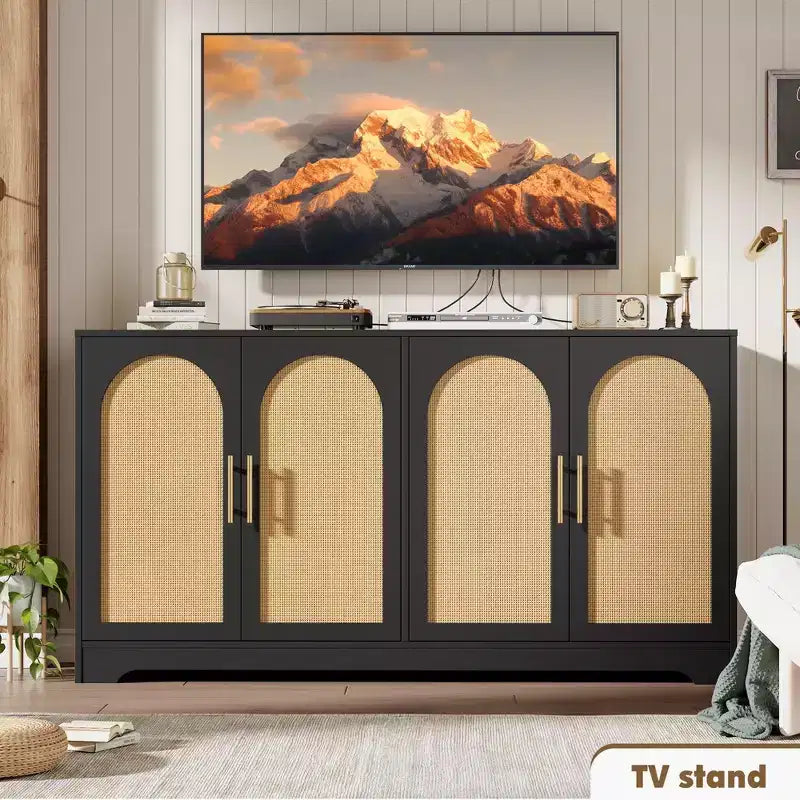 Meuble de rangement buffet de 150 cm - Grande crédence avec 4 portes en rotin, console moderne, meuble de bar à café pour salon, cuisine