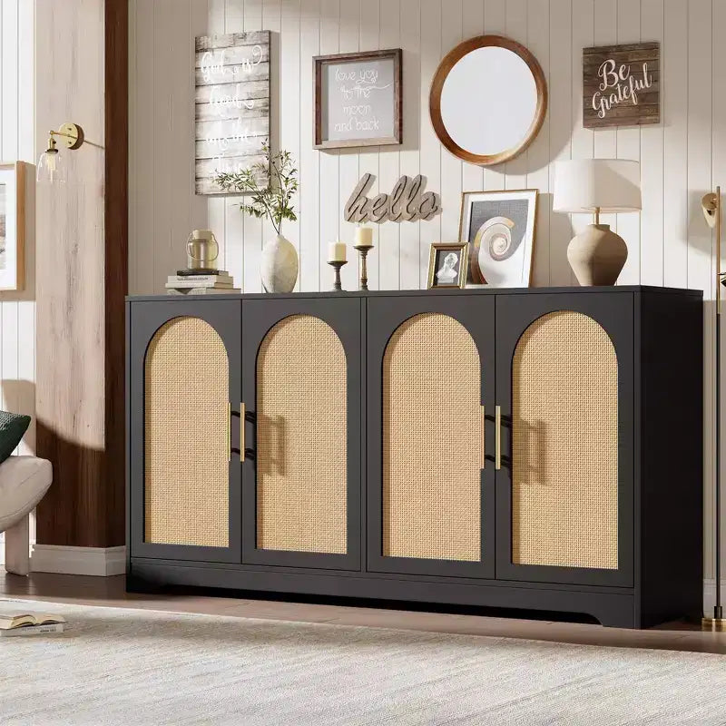 Meuble de rangement buffet de 150 cm - Grande crédence avec 4 portes en rotin, console moderne, meuble de bar à café pour salon, cuisine
