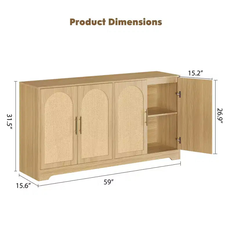Meuble de rangement buffet de 150 cm - Grande crédence avec 4 portes en rotin, console moderne, meuble de bar à café pour salon, cuisine
