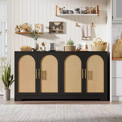 59in Sideboard Buffet Cabinet - Large Credenza Storage with 4 Rattan Doors, Modern Console Table Accent Coffee Bar Cabinet for Living Room, Kitchen