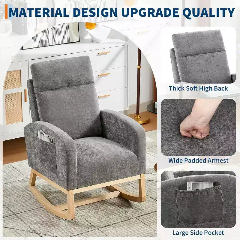Fauteuil à bascule moderne avec dossier haut, accoudoirs, poches latérales, revêtement en polaire bouclette, pieds en bois robustes, fauteuil à bascule d'appoint pour salon, chambre à coucher