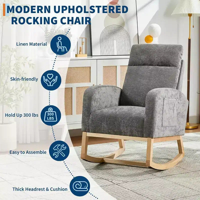 Fauteuil à bascule moderne avec dossier haut, accoudoirs, poches latérales, revêtement en polaire bouclette, pieds en bois robustes, fauteuil à bascule d'appoint pour salon, chambre à coucher