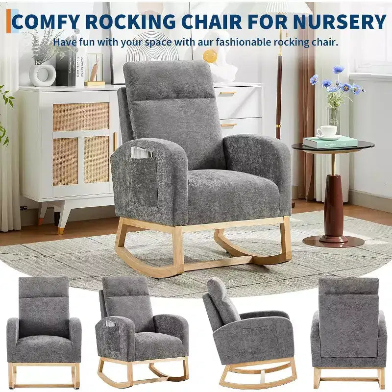 Fauteuil à bascule moderne avec dossier haut, accoudoirs, poches latérales, revêtement en polaire bouclette, pieds en bois robustes, fauteuil à bascule d'appoint pour salon, chambre à coucher