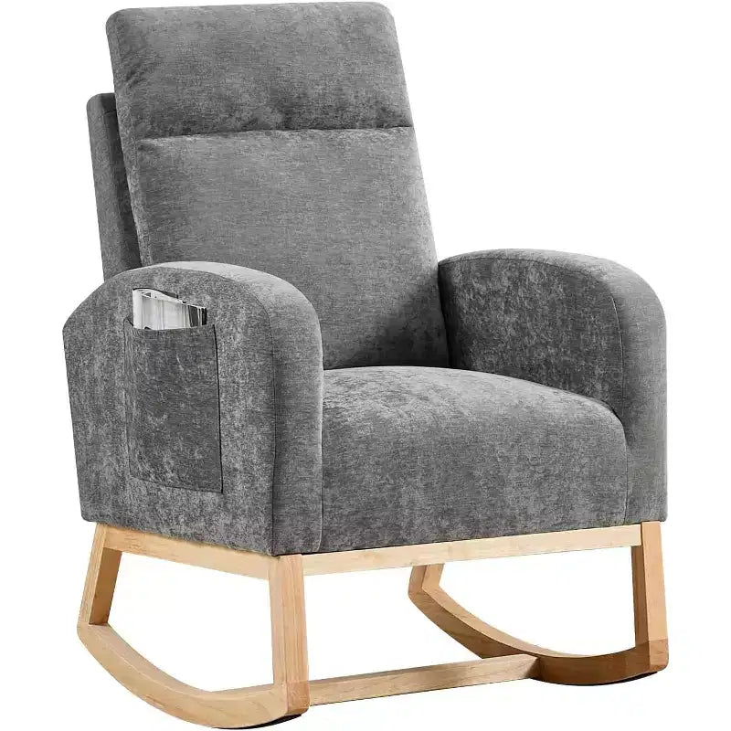Fauteuil à bascule moderne avec dossier haut, accoudoirs, poches latérales, revêtement en polaire bouclette, pieds en bois robustes, fauteuil à bascule d'appoint pour salon, chambre à coucher